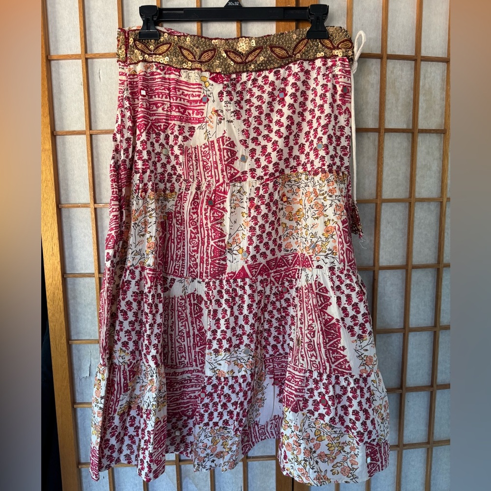 Forever 21 Pink and Red Tiered A-Line Midi Skirt
